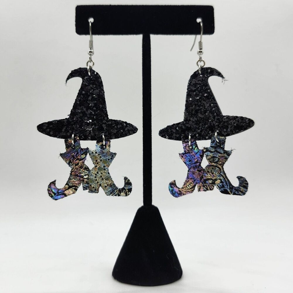 Glitter Witch Hat & Boots Dangle Hook Earrings